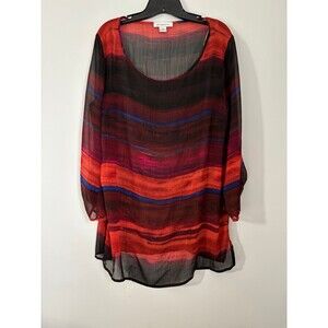 Liz Claiborne Red Black Sheer Scoop Neck Crop Sleeve Blouse size xl